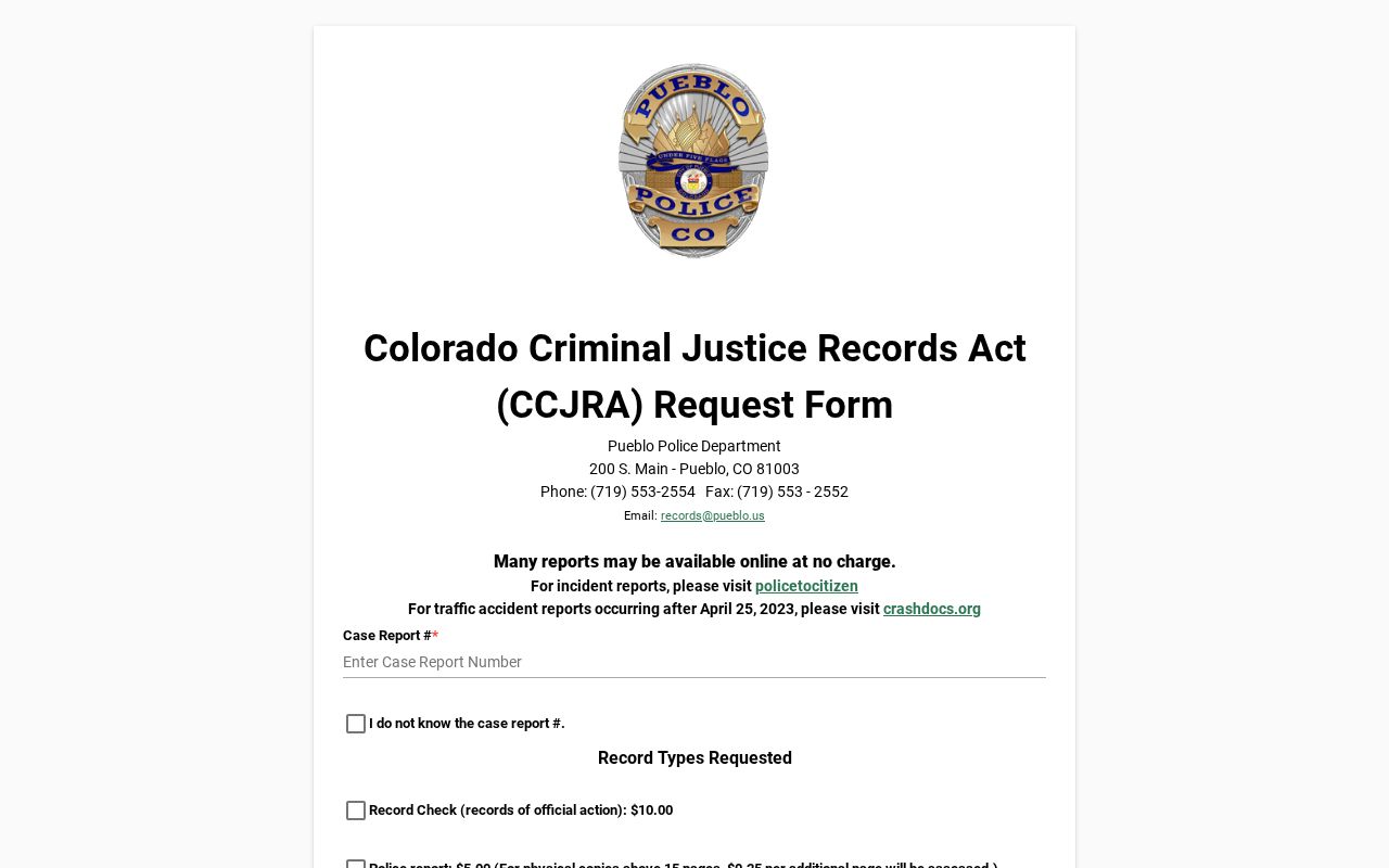 Pueblo County warrant records JustFOIA request