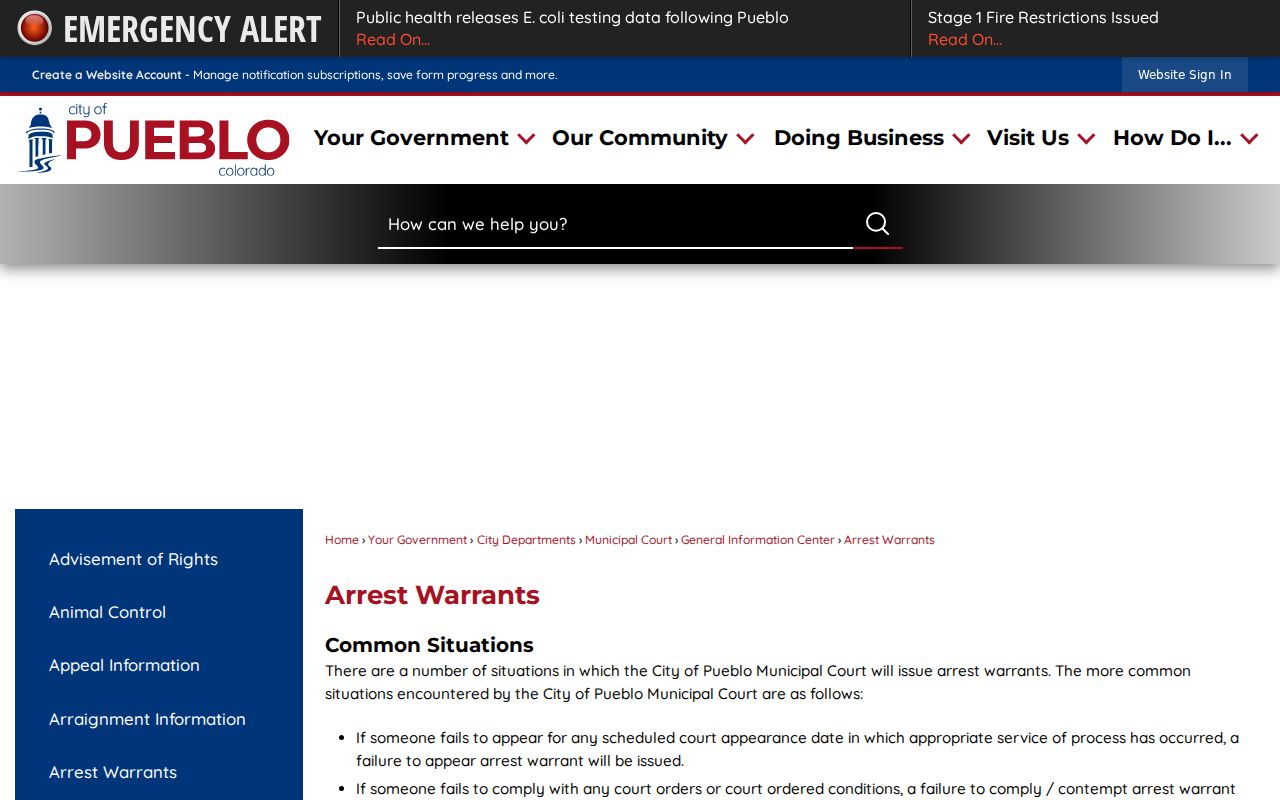 Pueblo County bench warrant clearing instructions from Pueblo Municipal Court