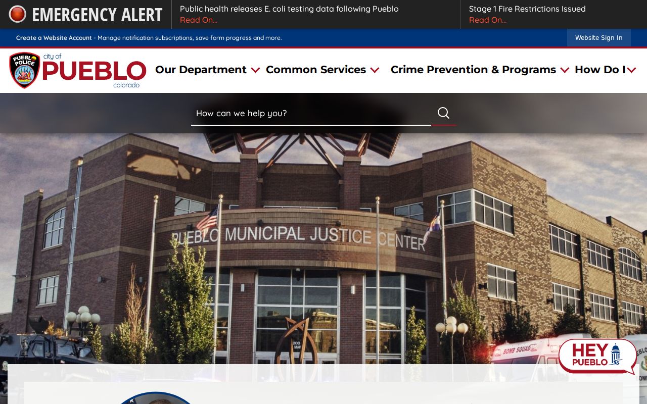 Official Pueblo Police Department page with municipal public-service links