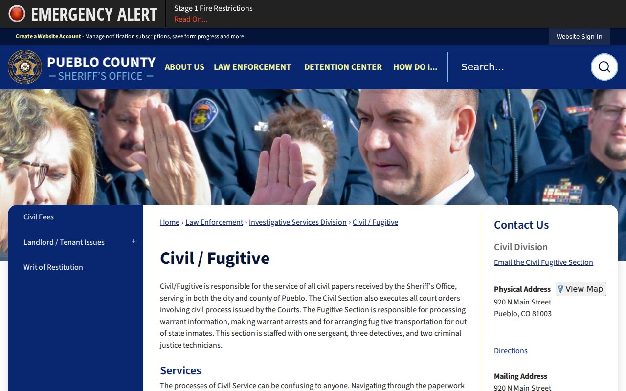 Pueblo County Sheriff Civil and Fugitive Section contact and warrant role