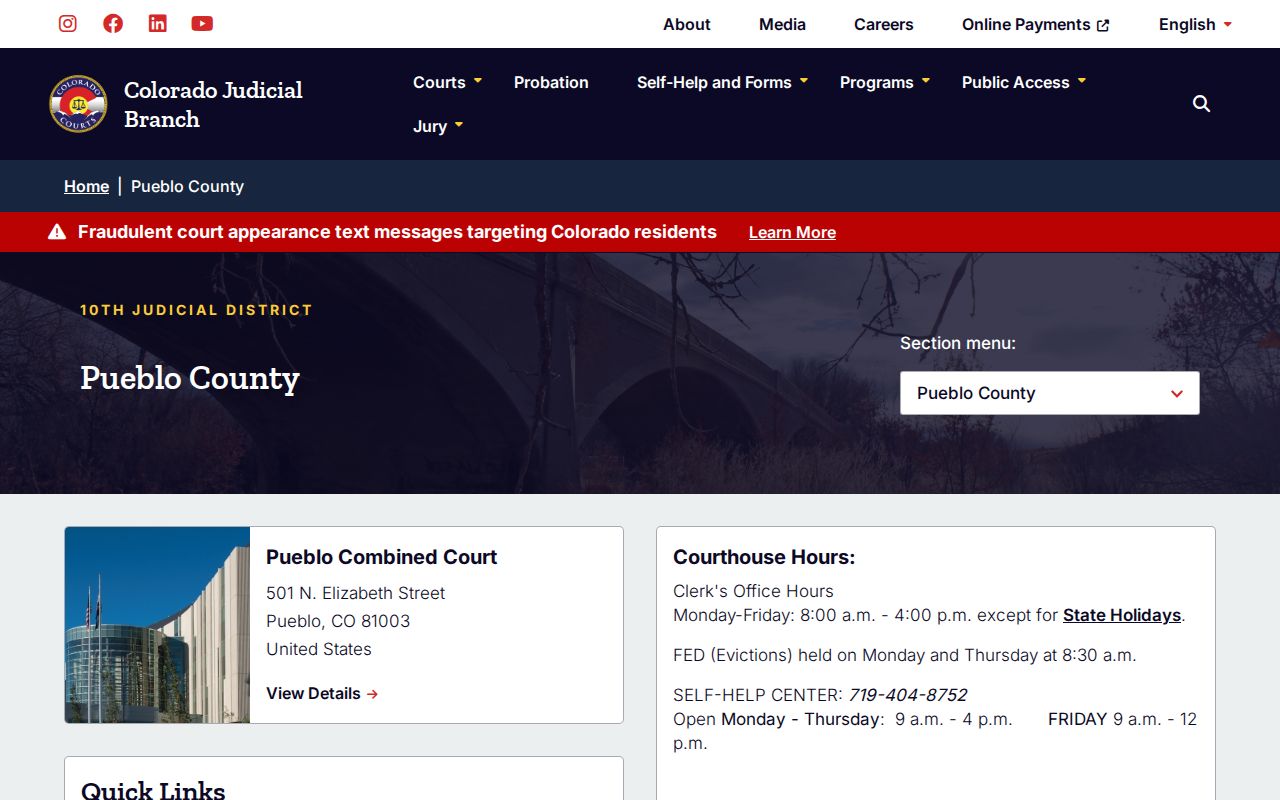 Pueblo Combined Court official page used for Rye state-court warrant records