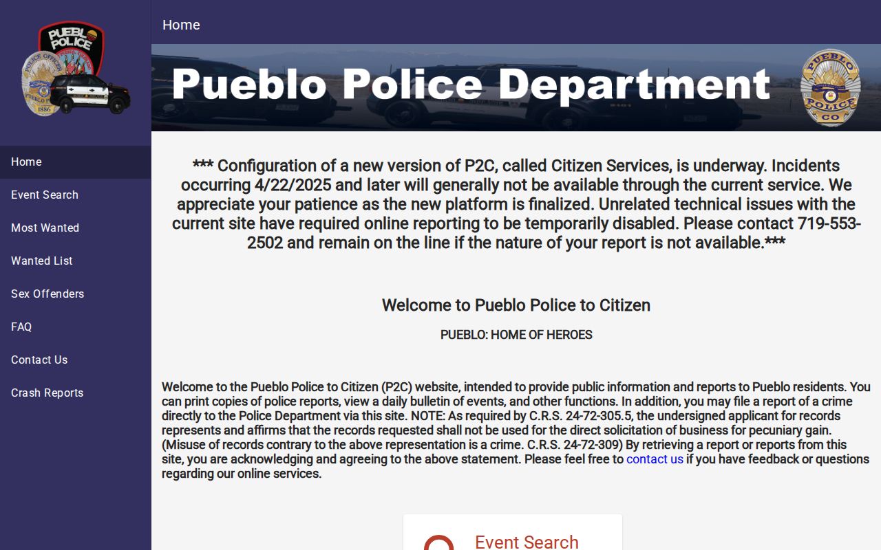 City of Pueblo Police-to-Citizen municipal warrant gateway