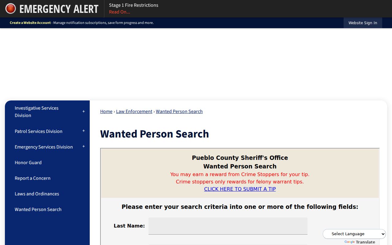 Pueblo County Sheriff Wanted Person Search page